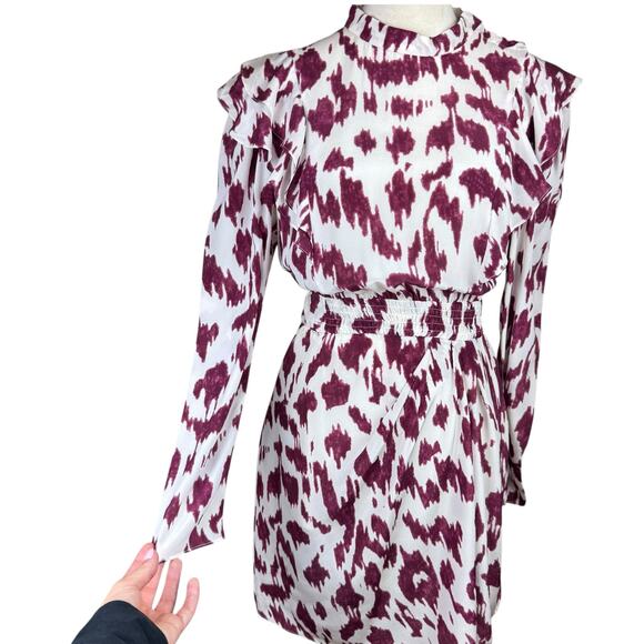 Isabel Marant Etoile 38 White Maroon Tie Dye 100% Silk Long Sleeve Ruffle Dress - Picture 7 of 13